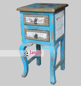 Reclaimed Wood Distressed <b>Blue</b> Colonial Style <b>Bedside</b> Nightstands Bedroom 2 Drawers <b>Table</b> Handcrafted For Living Room Hotel - Product Image 2