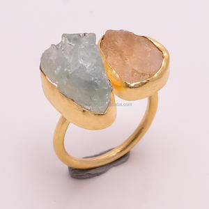 Bague en pierre précieuse citrine aigue-marine brute or vermeil laiton véritable plaqué or bagues fabricant exportateurs - Product Image 1