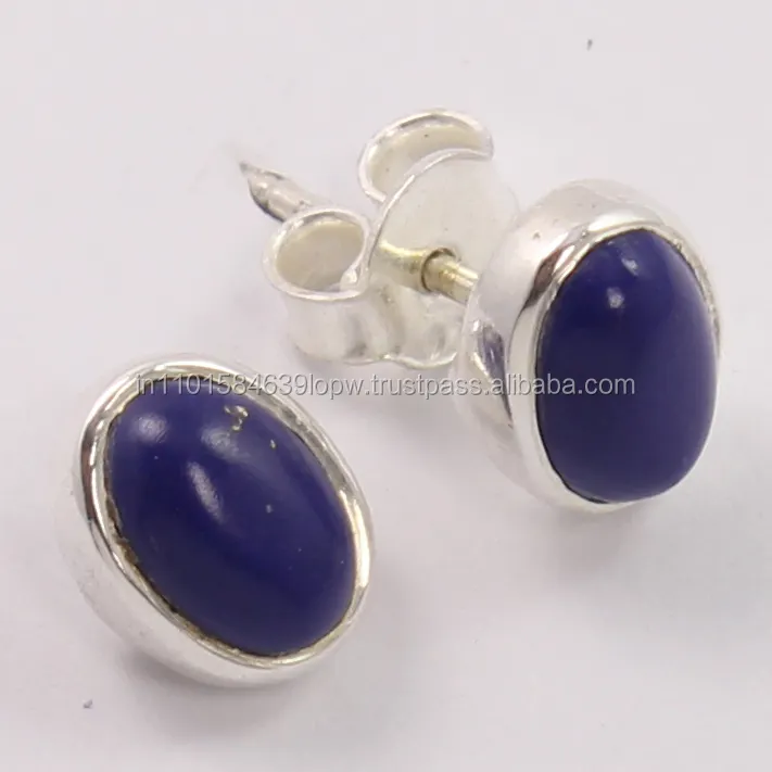 925 Sterling Zilveren Oorknopjes Natural Lapis Lazuli Edelstenen 5X7 Ovale Cabochon Gefacetteerde Sieraden Cadeau Voor Vrouwen