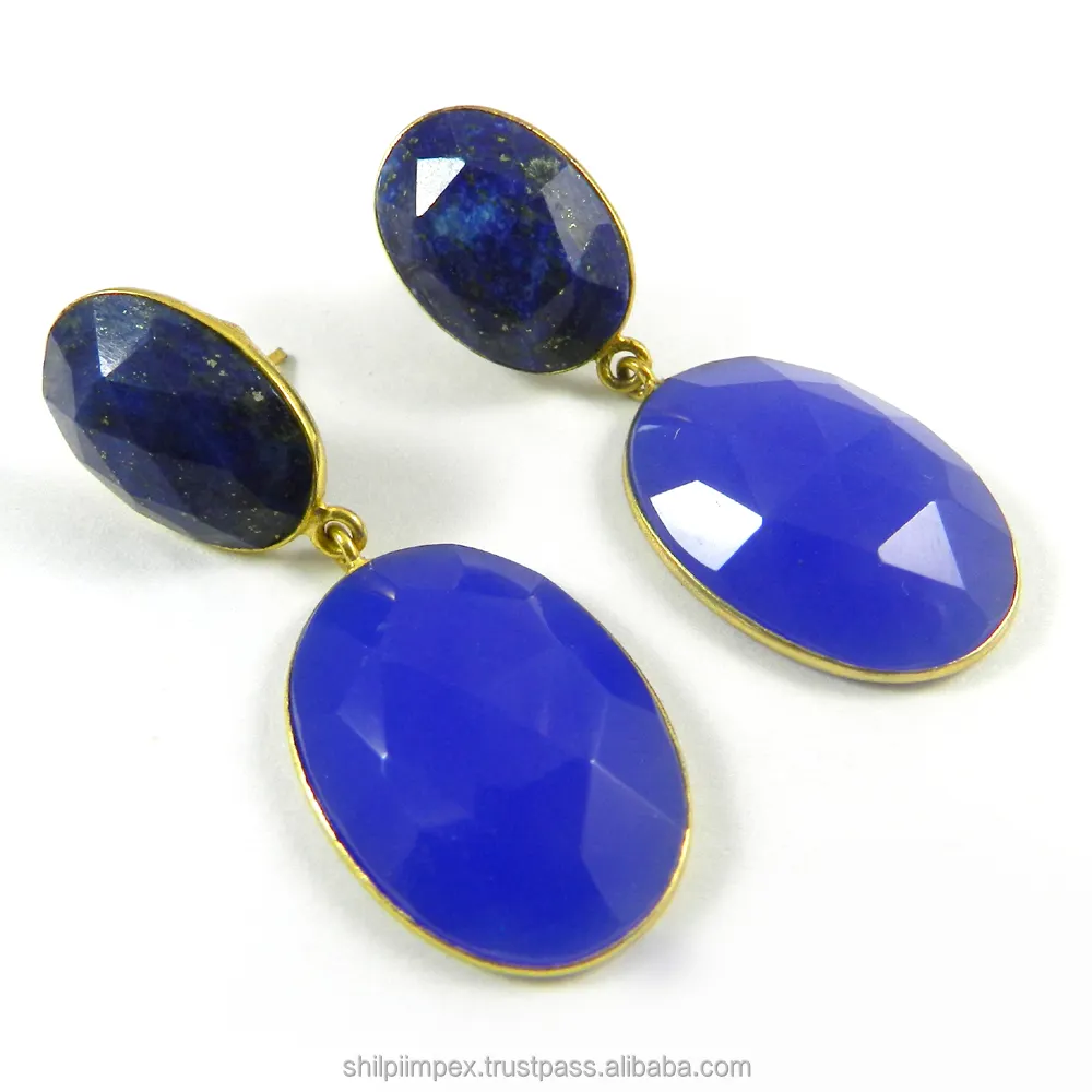 Blauw Chalcedoon & Lapis Lazuli Edelsteen Vergulde Designer Bezel Set Stud Oorbel