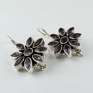 Purple Amethyst Gemstones Genuine 925 Sterling Silver Flower Design Bohemian <b>Charm</b> Earrings Shri Ashapura Jewels Third Party - Product Image 2
