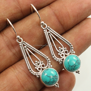 Pendientes de piedras preciosas turquesas de corte brillante redondo, pendiente azul cian, 925 puro, Plata de Ley sólida, joyería elegante para mujeres y niñas - Product Image 1