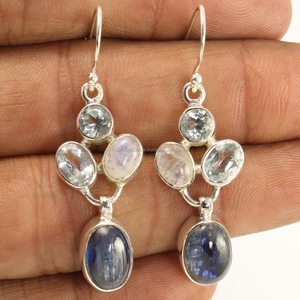 Creative Pure 925 Solid Sterling <b>Silver</b> <b>Long</b> Dangle Drop <b>Earrings</b> Natural Handcrafted Blue Kyanite & Other Gemstones Jewelry - Product Image 1