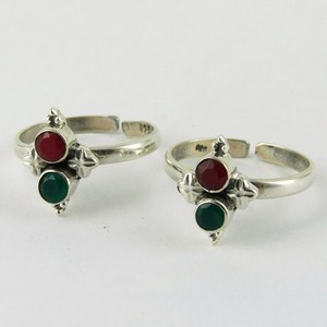 Lovely Red Onyx & Green Onyx Gemstone Sterling Silver <b>Toe</b> <b>Rings</b> Bohemia Style Bezel Setting Shri Ashapura Jewels - Product Image 3