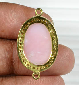 Natural Faceted Pink <b>Opal</b> Pave Diamond Setting <b>Gold</b> Vermeil Pendant 925 Sterling Silver Handmade - Product Image 1