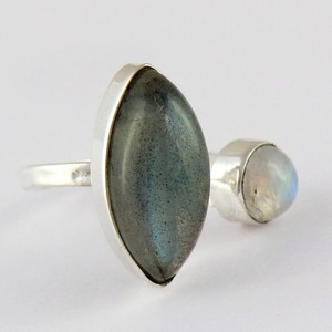 Stylish Labradorite & Rainbow <b>Moonstone</b> 925 Sterling Silver Bezel Set Christian Ring Certified Gemstone <b>Jewelry</b> - Product Image 2