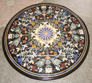 ท็อปโต๊ะอาหารหินอ่อนสีดำธรรมชาติ Pietra Dura พร้อมลายหินฝัง - Product Image 1