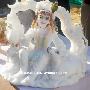 Индийская оптовая цена, белый мрамор, декоративный Бог, Кришна, сидящий с коровой, лучшее качество, производитель Moorti, экспортер