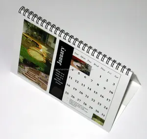 logo printed sprial bound tent shape calendar with one page for every month of the year