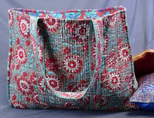 Hand Block Printed Cotton Beach Bag Quilted Large Gypsy Tote Purse Bohemian Carry shoulder bag