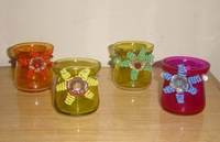 Porte-bougies en verre faits à la main en Inde, ronds, décoratifs avec des fleurs colorées, décoration d'intérieur, résistants à la chaleur, réutilisables, pour bougies votives