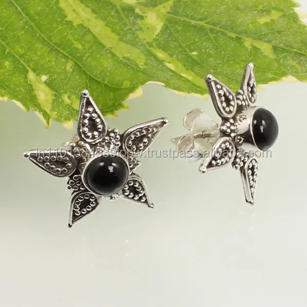 Desain Bintang anting kustom anting kancing 925 padat murni perhiasan perak batu permata ONYX hitam alami perhiasan