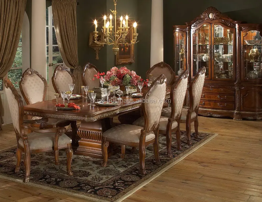 En bois traditionnelle indienne table à manger, Meubles de Salle À Manger, brun sculpté en bois antique sculpté rond table à manger chaises