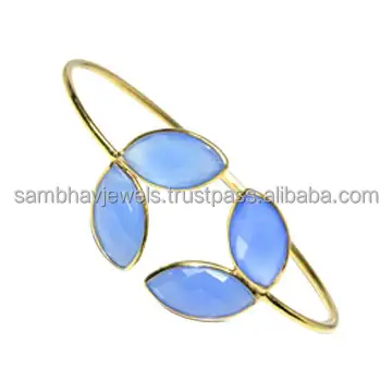 Two Blue Chalcedony Bracelet 925 Sterling Silver Cuff Bangle Bracelet Gold Plated Handmade Adjustable Fine Jewelry For Women