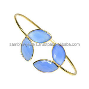 Brazalete Ajustable Hecho a Mano de Plata de Ley 925 con Dos Calcedonias Azules y Baño de Oro para Mujer, Ideal para Bodas, Fiestas y Estilo Hip Hop - Product Image 1