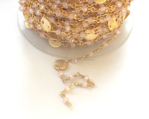 Pink Chalcedony Waist Rondelle Shape Beads Gold Plated Layered Coin Charm for Jewelry Making <b>Wire</b> Wrapped Rosary Box Chain - Product Image 3