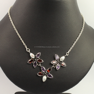 Collier statement en argent sterling 925 sans nickel/plomb avec pierres précieuses naturelles AMETHYSTE, PERLE et GRANAT – Fournisseurs en gros - Product Image 2