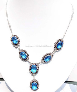 Collar de piedra de forma ovalada de cuarzo azul de aspecto clásico tradicional, collar de circón con ajuste de bisel de plata impresionante para joyería de mujer - Product Image 1