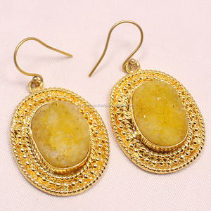 Handmade Vintage Statement Fashion Drop <b>Earrings</b> <b>Beautiful</b> Yellow Oval Shape Rounded Metal Agate 18K Gold Plated Women's - Product Image 1
