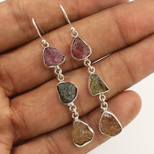 Bông Tai Bạc Sterling 925 Đá Quý TOURMALINE Hồng Tự Nhiên, Xanh Lá Cây & Vàng - Product Image 1