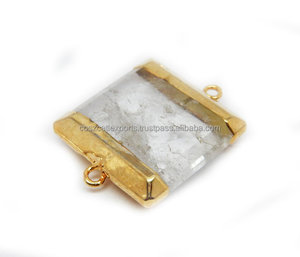 Argent 925 Argent Sterling Pierre Précieuse Cristal Quartz Carré Double Bail Connecteur Plaqué Or Lunette Réglage Classique Charme Pendentifs - Product Image 1