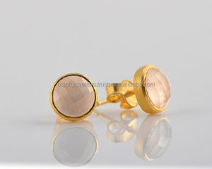 Vermeil Gold 925 <b>sterling</b> <b>silver</b> Pink Chalcedony gemstone <b>stud</b> <b>earrings</b> - Product Image 1