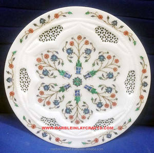 Placa de incrustaciones y tallado de mármol puro de diseño único, forma redonda con diseño de flores para decoración del hogar y la cocina, Exportación - Product Image 1