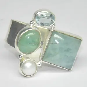 Blue Topaz Pearl Aquamarine 925 silver gemstone ring handmade jewelry