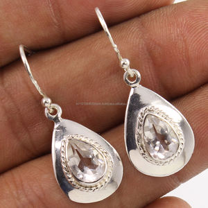 Boucles d'oreilles pendantes élégantes fascinantes en cristal naturel QUARTZ pierres précieuses à facettes 925 en argent sterling massif NOUVELLES pierres précieuses - Product Image 1