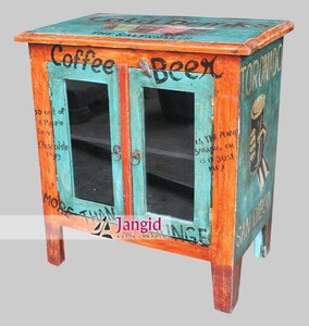 Reclaimed Wooden <b>Poster</b> Hand Painted Kitchen Cabinet Living Room Storage Cabinet with 2Glass <b>Door</b> Handcrafted For Hotel Interior - Product Image 6