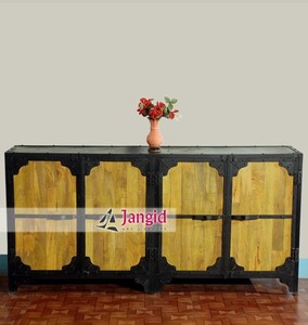 Buffet de rangement industriel en bois avec armoire à buffet métallique intégrée, 4 portes, artisanat indien, meubles pour hôtel et salon - Product Image 2