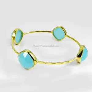 Blue chalcedony - gemstone bezel bracelet - 925 sterling silver - Gold plated hammered bangle - IG2505