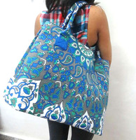 Tas Tote Kasual Wanita Desain India Bohemian Geometris Floral Ringan Ramah Lingkungan Bahan Katun Dua Tali Bahu Terbuka