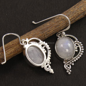 Pendientes de gota de arte para mujer Arco Iris natural Piedra De Luna Oval 925 Ajuste de bisel de plata esterlina Religioso hecho a mano - Product Image 2