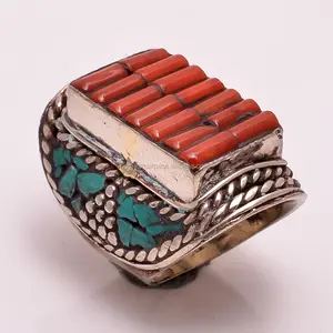 Türkis Koralle Edelstein Ring Frauen und Mädchen Mode tibetische Ringe hand gefertigten Schmuck indischen Hochzeits schmuck Lieferanten