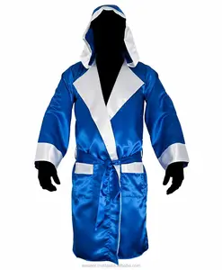 High Quality Blue White Trim Full-Length <b>Boxing</b> Robe with Hood Cotton and Satin Material for Training and MMA <b>Dummy</b> Type - Product Image 1