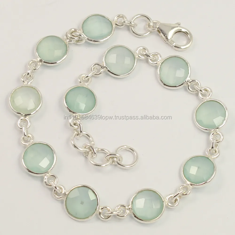 New Selling Wholesale 925 Sterling Silver Link and Chain Round Shaped CHALCEDONY Gemstones Bracelet For Women And Men