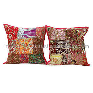 17 ''Vintage ethnique indien brodé perlé Patchwork housse de coussin carré géométrique rayé jeter taie d'oreiller pour la maison hôtel - Product Image 4