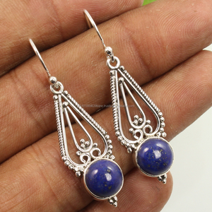 Pendientes de piedras preciosas de gota de lapislázuli natural puro 925 plata esterlina sólida Ajuste de bisel de forma redonda colección única - Product Image 1