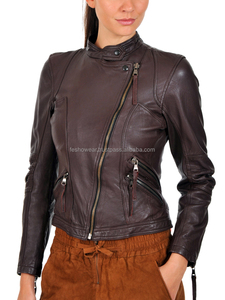 Chaqueta de cuero de piel de oveja elegante para mujer marrón oscuro Slim Fit invierno prendas de vestir exteriores Casual Oficina al por mayor - Product Image 2