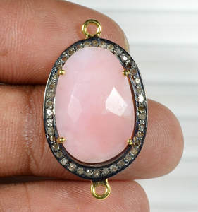 Natural Faceted Pink <b>Opal</b> Pave Diamond Setting <b>Gold</b> Vermeil Pendant 925 Sterling Silver Handmade - Product Image 2