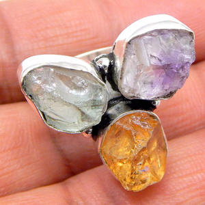 Belle bague en pierres précieuses brutes en citrine d'améthyste Bague de mariage en argent sterling 925 de style classique avec certificat CMA - Product Image 1