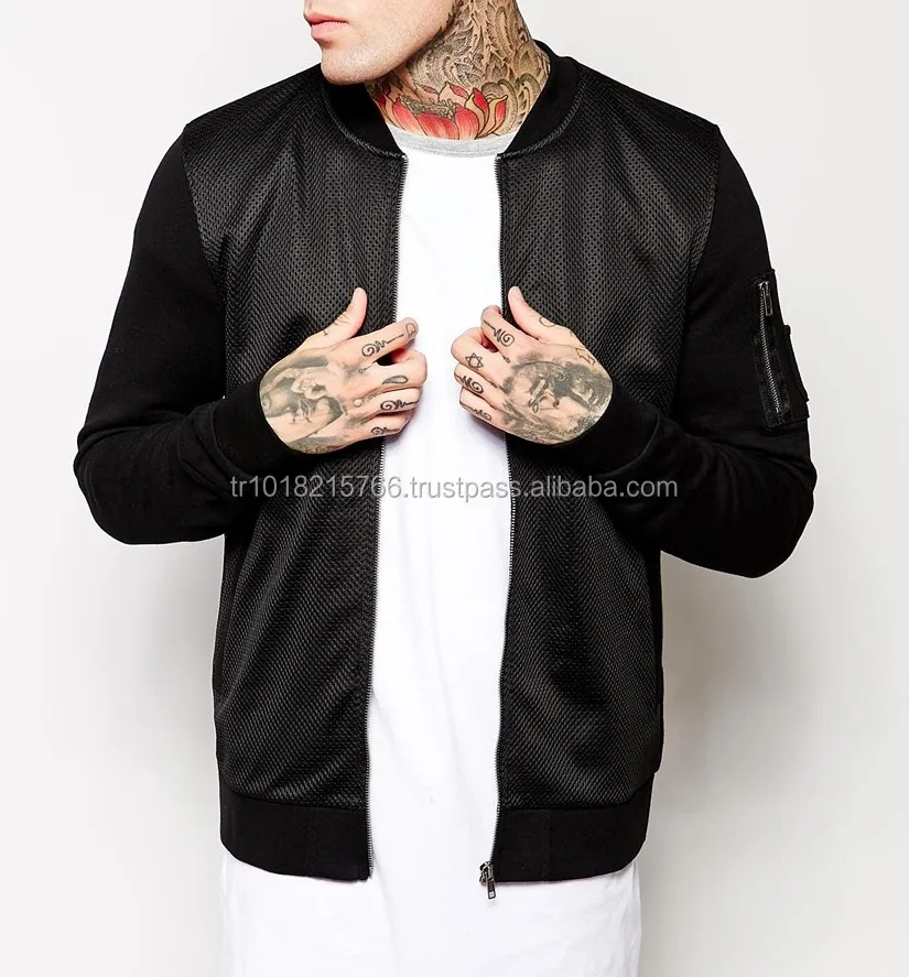 Mens Black Mesh Bomber Jacket with Jersey Hoodie