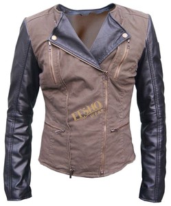 Veste en cuir et sergé de coton pour femmes, vêtements d'extérieur élégants et ajustés avec manches en cuir véritable, conception personnalisée OEM ODM - Product Image 1