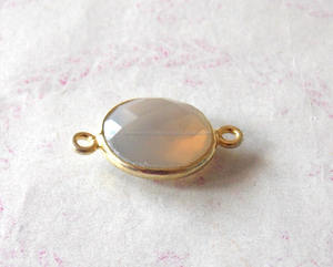 Belle Calcédoine Grise Forme Ronde Noir Rhodium Lunette Bijoux Double Bail Plaqué Or Facettes Vintage Connecteur - Product Image 4