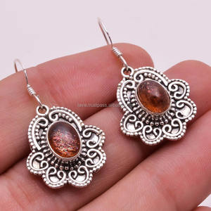 Boucles d'oreilles en argent sterling 925 massif, bijoux en pierres précieuses Sun Stone, fournisseur de boucles d'oreilles en pierres précieuses antiques, bijoux fins - Product Image 1