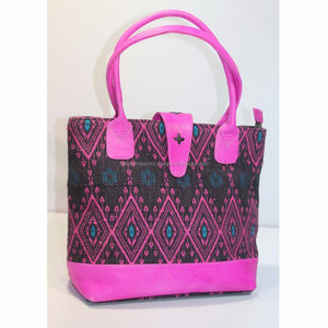 Eco Friendly Printed Dhurrie Tote <b>Bag</b> with Leather <b>Straps</b> Handmade Boho Women <b>Shoulder</b> Handbag - Product Image 1