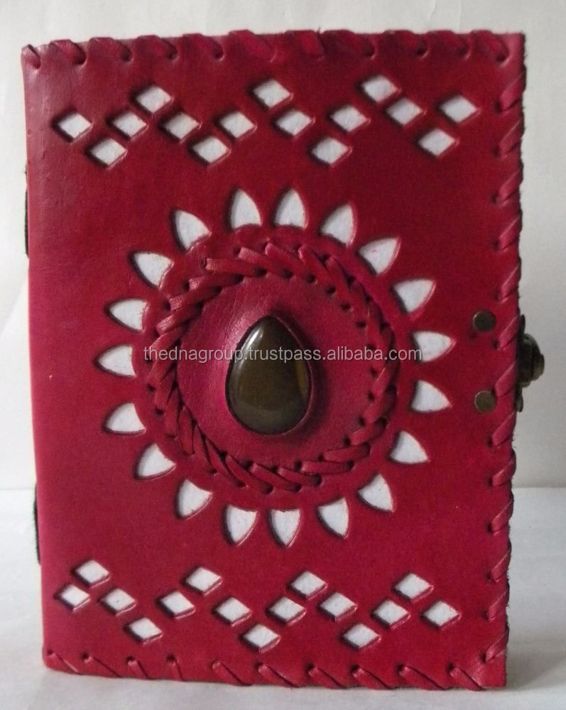 Ручная работа, необычная вырезанная работа, новый вышивка, украшение, рельефный зеленый цвет, камень, прикрепленный в центре, кожаный журнал.