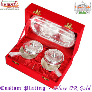 ชุดชามทองเหลืองดีไซน์โบราณชุบเงิน Diwali และอินเดียของขวัญตอบแทนงานแต่งงาน - Product Image 2