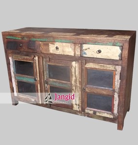 <b>Vintage</b> Recycled Indian Solid Wood Dining Storage Sideboards with Glass Door and 3 <b>Drawers</b> Handcrafted For Hotel Room Farmhouse - Product Image 2